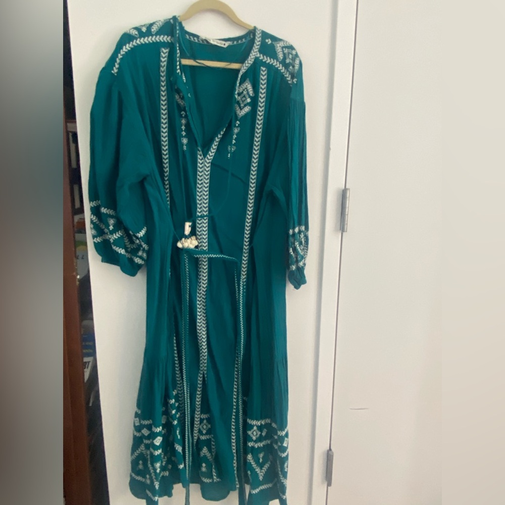 Zara Teal Long Sleeve Dress with White Embroidery